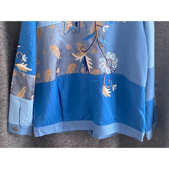 Women Indigo Moon Cotton Silk Embroidered Flower Patchwork Blue Teal Jacket  M - Picture 15 of 15